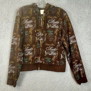 Vintage South Pole Women's Size XL All Over Print Full Zip Sweatshirt Brown Hood